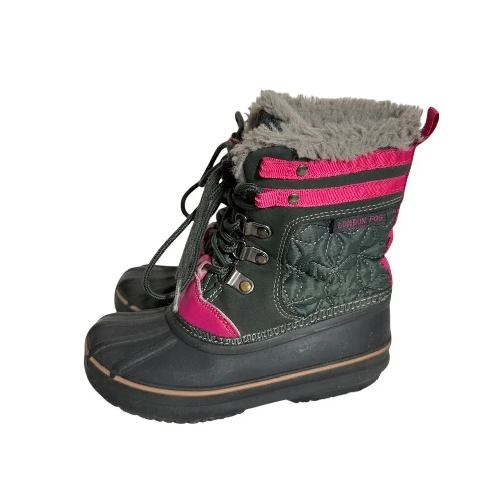 London Fog Girls Winter Snow Boots Gray Pink‎ Quilted Faux Fur Trim Waterproof